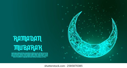 Ramadan Mubarak Low Poly Background – Futuristic Islamic Eid Design with Glowing Crescent Moon, Wireframe Hand, Blue Night Sky, and Sparkling Stars