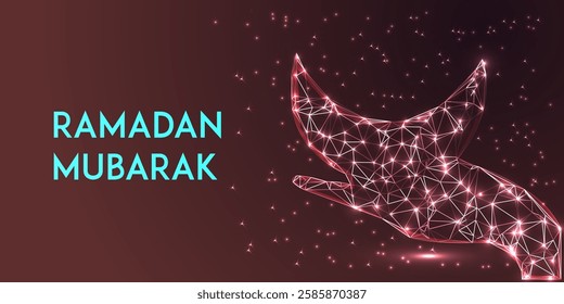 Ramadan Mubarak Low Poly Background – Futuristic Islamic Eid Design with Glowing Crescent Moon, Wireframe Hand, Blue Night Sky, and Sparkling Stars