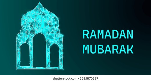 Ramadan Mubarak Low Poly Background – Futuristic Islamic Eid Design with Glowing Crescent Moon, Wireframe Hand, Blue Night Sky, and Sparkling Stars