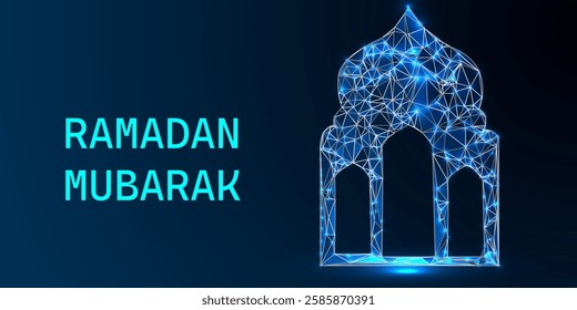 Ramadan Mubarak Low Poly Background – Futuristic Islamic Eid Design with Glowing Crescent Moon, Wireframe Hand, Blue Night Sky, and Sparkling Stars