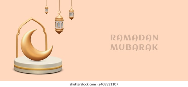 Ramadan Mubarak. El concepto de lujo con un fondo de color. Creciente dorada en un estrado, colgando linternas con forma de linternas. Fiesta árabe. Lugar para el texto de saludo. Banner de la web festiva