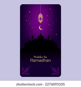 Ramadan mubarak luxury elegant template design. With silhouette mosque, crescent moon, gradient background. Vertical template for social media post, posters, flyers, wallpaper. Vector Illustrations