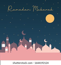 Ramadan Mubarak with Masjid Silhouette Sunset Islamic city scape with starry night sky and full moon