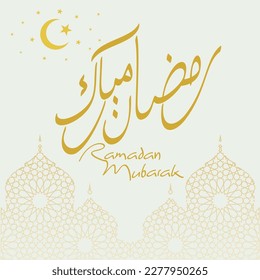 Ramadan Mubarak (meaning, the blessed month of Ramadan). Media post template for Muslims in Golden Arabic Calligraphy and Ornamental Mosque background. Vector illustration, eps