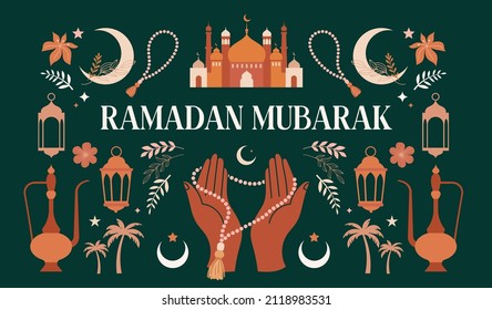 Ramadan Mubarak modern style banner design, background with boho illustrations, moon, mosque dome, praying hands and lanterns 