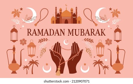 Ramadan Mubarak Modern Style Banner Design, Background With Boho Illustrations, Moon, Mosque Dome, Praying Hands And Lanterns 