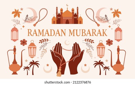 Ramadan Mubarak modern style banner design, background with boho illustrations, moon, mosque dome, praying hands and lanterns 