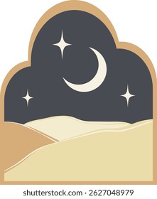 Ramadan Mubarak moon and desert icon. Abstract panoramic sand dunes vector sticker element