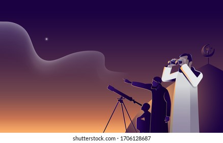 Ramadan mubarak, Muslim searches at sky with binocular for the new moon (hilal) that signals the start of the Islamic holy month of Ramadan, on the dome of Masjid or Mosque