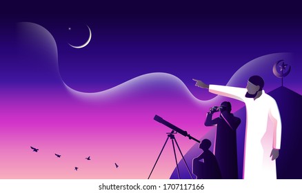 Ramadan mubarak, búsquedas musulmanas en el cielo con binocular para la luna nueva (hilal) que señala el comienzo del sagrado mes islámico de Ramadán, en la cúpula de Masjid o mezquita