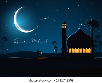 Ramadan Mubarak night scene vector background with a man holding a lantern near mosque on desert with palm trees for banner, Flyer, social media, print, poster, web.  