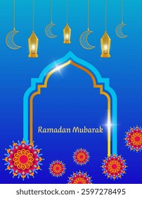 Ramadan Mubarak on the blue background. Islamic illustration for greeting card, poster and banner. ( original illustration, not AI-generated )
