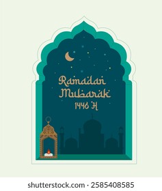Ramadan mubarak over a window opening to the night sky