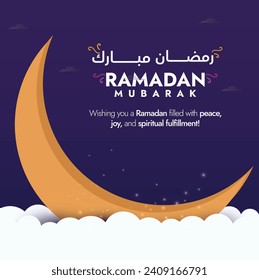 Ramadan Mubarak. Ramadan Mubarak Post mit großen Mond und hängenden Sternen. Ramadan Kareem Übersetzung bedeutet Generous Ramazan 2024 Banner, Karten und Social Media Post mit dunkelviolettem Thema.