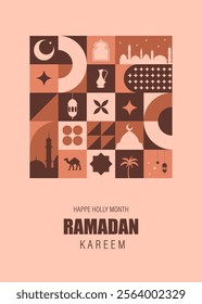 Ramadan Mubarak postcard. Minimal vintage 20s geometric design poster with beige traditional shapes elements. Neo geometrical pattern. Vector illustration in bauhaus minimalist style. Ramadan month.