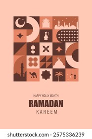 Ramadan Mubarak postcard. Minimal vintage 20s geometric design poster with beige traditional shapes elements. Neo geometrical pattern. Vector illustration in bauhaus minimalist style. Ramadan month.