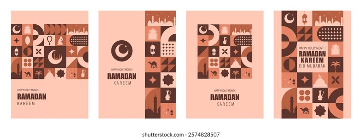 Ramadan Mubarak postcard. Set of Minimal vintage 20s geometric design poster with traditional shapes elements. Neo geometrical pattern. Vector illustration in bauhaus minimalist style. Ramadan month.