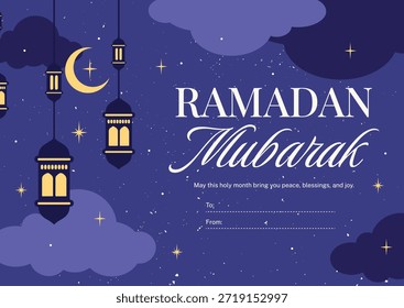 Plantilla de la postal de Ramadan Mubarak con la luna y el fondo colgante de las linternas