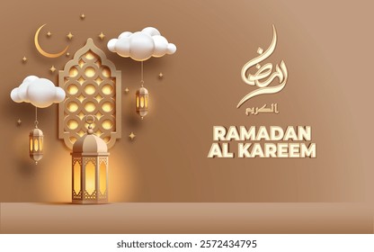 Ramadan Mubarak poster 3D design featuring Islamic ornament and calligraphy an elegant and festive atmosphere.