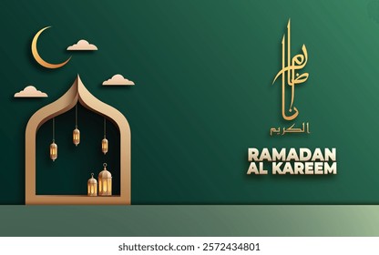 Ramadan Mubarak poster 3D design featuring Islamic ornament and calligraphy an elegant and festive atmosphere.