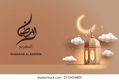 Ramadan Mubarak poster 3D design featuring Islamic ornament and calligraphy an elegant and festive atmosphere.