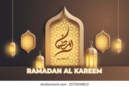 Ramadan Mubarak poster 3D design featuring Islamic ornament and calligraphy an elegant and festive atmosphere.