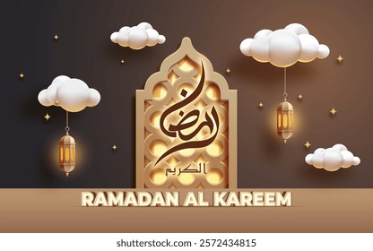 Ramadan Mubarak poster 3D design featuring Islamic ornament and calligraphy an elegant and festive atmosphere.