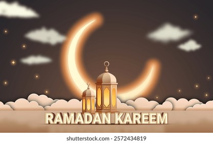 Ramadan Mubarak poster 3D design featuring Islamic ornament and calligraphy an elegant and festive atmosphere.