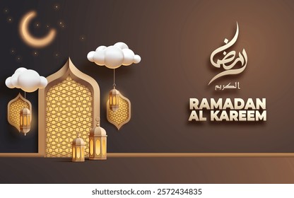 Ramadan Mubarak poster 3D design featuring Islamic ornament and calligraphy an elegant and festive atmosphere.