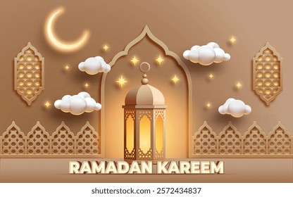 Ramadan Mubarak poster 3D design featuring Islamic ornament and calligraphy an elegant and festive atmosphere.