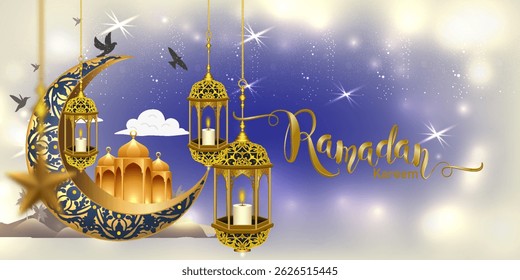Ramadan Mubarak poster 3D design featuring Islamic ornament and calligraphy an elegant and festive atmosphere. Vector illustration