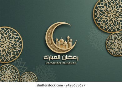 Ramadan Mubarak Poster mit einem 3D-Papierschnitt-Design mit islamischer Moschee, Blume und einem Halbmond. Luxuriöse grüne Farbe, um eine elegante und festliche Atmosphäre zu schaffen.