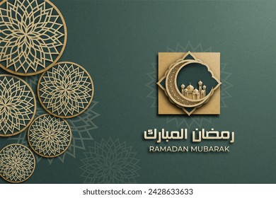 Ramadan Mubarak poster with a 3D paper-cut design featuring Islamic mosque, flower, and a crescent moon. Luxurious green color to create an elegant and festive atmosphere.