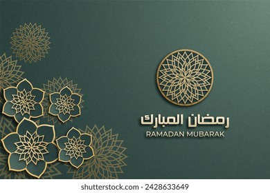 Ramadan Mubarak poster with a 3D paper-cut design featuring Islamic mosque, flower, and a crescent moon. Luxurious green color to create an elegant and festive atmosphere.