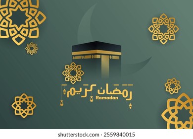 Ramadan Mubarak poster with a 3D paper-cut design featuring Islamic mosque, flower, and a crescent moon. Luxurious green color to create an elegant and festive atmosphere