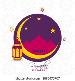 Ramadan Mubarak Poster Design With Crescent Moon, Mosque, Stars, Arabic Lantern On Purple And White Islamic Pattern Background.