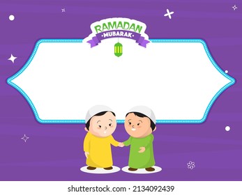 Ramadan Mubarak Poster Design With Muslim Boys Holding Hands Together And Space For Your Text Message On Purple Background.
