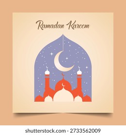 Cartel de Ramadán Mubarak con una mezquita estilizada con cúpulas rojas y minaretes bajo un cielo nocturno estrellado y luna creciente, enmarcado en un arco con el saludo 'Ramadán Kareem'