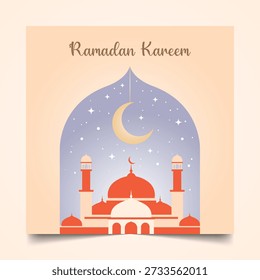 Ramadan Mubarak Poster with a red-domed mosque under a starry sky with a crescent moon, framed by an ornate arch and The 'Ramadan Kareem' greeting adds