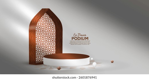 Ramadan Mubarak product displays a mockup design with a shadow overlay. Eid Al Adha podium art. 3D render realistic Eid Mubarak product showcase design with a half moon, star, and white background. 