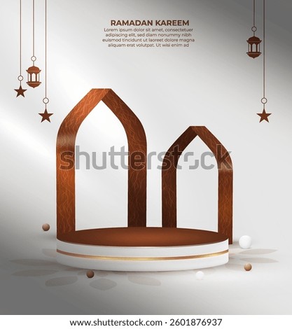 Ramadan Mubarak product displays a mockup design with a shadow overlay. Eid Al Adha podium art. 3D render realistic Eid Mubarak product showcase design with a half moon, star, and white background. 