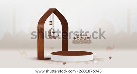 Ramadan Mubarak product displays a mockup design with a shadow overlay. Eid Al Adha podium art. 3D render realistic Eid Mubarak product showcase design with a half moon, star, and white background. 