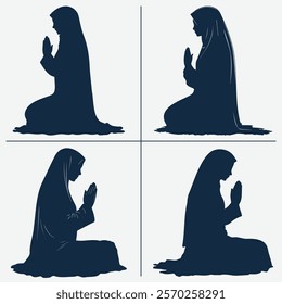 Ramadan Mubarak, Ramazan Kareem is an Islamic holy month greeting black silhouette vector. Ramadan silhouette with praying females. Greeting for the month of Ramadan, Ramadan best wishes