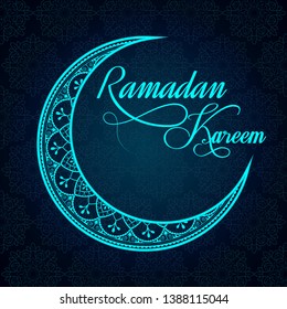 Ramadan mubarak ramazan kareem  moon neon later light effect dark blue arabic pattern background glowing design vector eps.