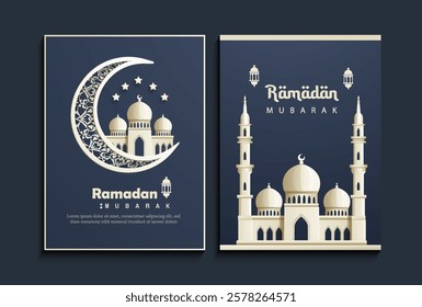 Ramadan Mubarak realistic mosque and crescent papercut style greeting template set