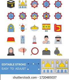 Ramadan Mubarak related, quran, prayer hands, mosque, moon, Muslim rug, tea pot, Allah, Muhammad, lamp, lantern, boy, girl and prayer beads vector with editable stroke