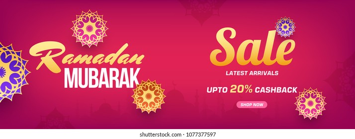 Ramadan Mubarak Sale Web Banner Or Header Design With Beautiful Florals, And Upto 20% Off Offers, On Pink Background.