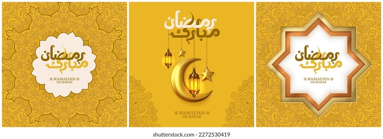 Ramadan Mubarak. Set of Islamic greeting card template with Arabic calligraphy for social media post, wallpaper design. poster, for web and print