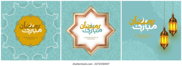 Ramadan Mubarak. Set of Islamic greeting card template with Arabic calligraphy for social media post, wallpaper design. poster, for web and print