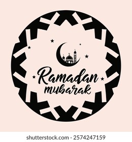 Ramadan Mubarak in a silhouette of geometric patterns with a mosque, moon and stars